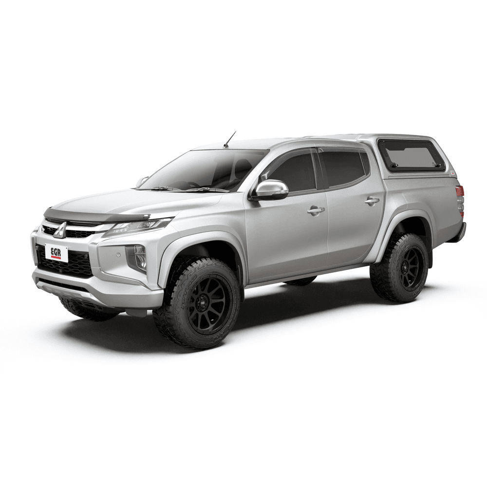 Front three-quarter view of Mitsubishi Triton MQ/MR equipped with EGR Premium Canopy, emphasizing sleek OEM-style canopy fitment