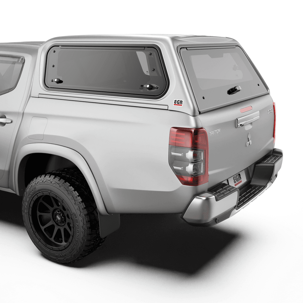 Close-up rear view of Mitsubishi Triton MQ/MR with EGR Premium Canopy, featuring lockable rear window and clean ABS finish