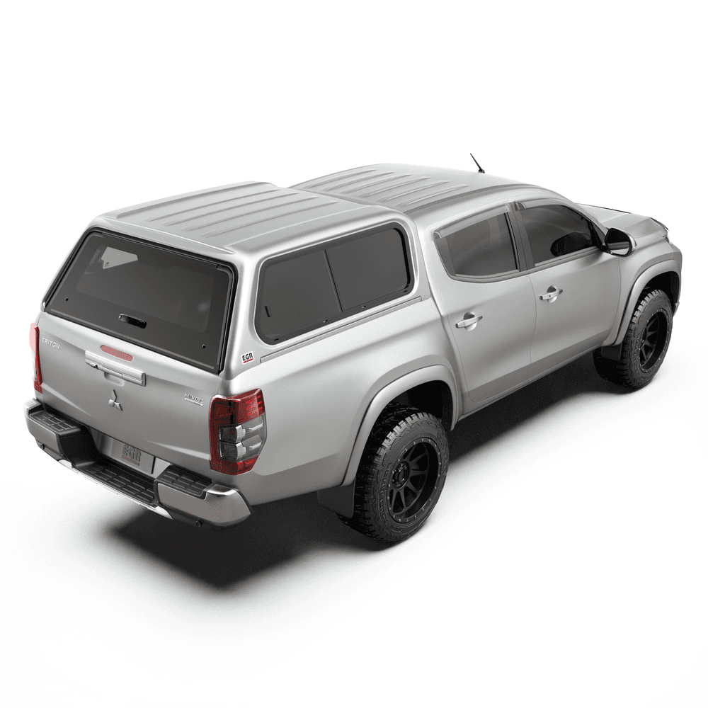 EGR Premium Canopy on Mitsubishi Triton MQ/MR, elevated rear angle showcasing tinted windows and aerodynamic canopy styling