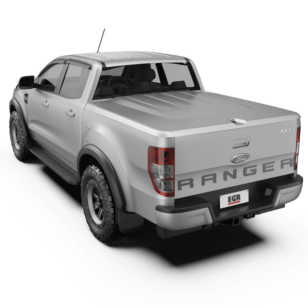 Ford Ranger PX in blue with EGR Hard Lid installed, rear three-quarter view highlighting sleek ABS construction and secure fit