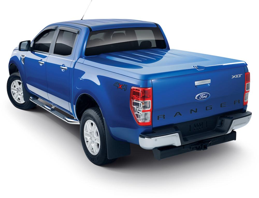 Ford Ranger PX in blue with EGR Hard Lid installed, rear three-quarter view highlighting sleek ABS construction and secure fit