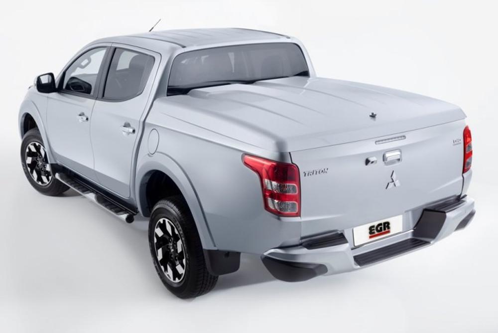 Front three-quarter view of Mitsubishi Triton MQ/MR fitted with EGR 1 Piece Hard Lid, showing aerodynamic styling and precise fitment