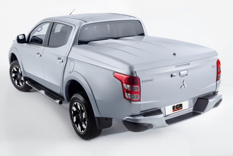 Front three-quarter view of Mitsubishi Triton MQ/MR fitted with EGR 1 Piece Hard Lid, showing aerodynamic styling and precise fitment