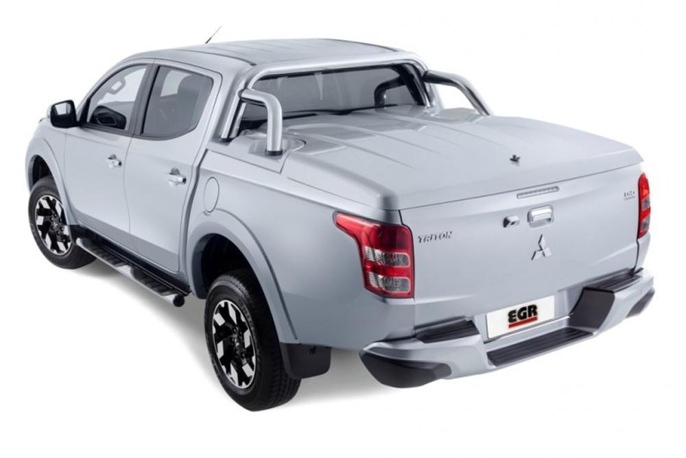 Elevated rear three-quarter view of Mitsubishi Triton MQ/MR with EGR Hard Lid, showing durable twin-skin construction and painted finish