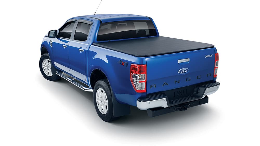 Blue Ford Ranger PX equipped with EGR Soft Tonneau Cover Cabin Guard, rear angle showcasing streamlined no-bungee design