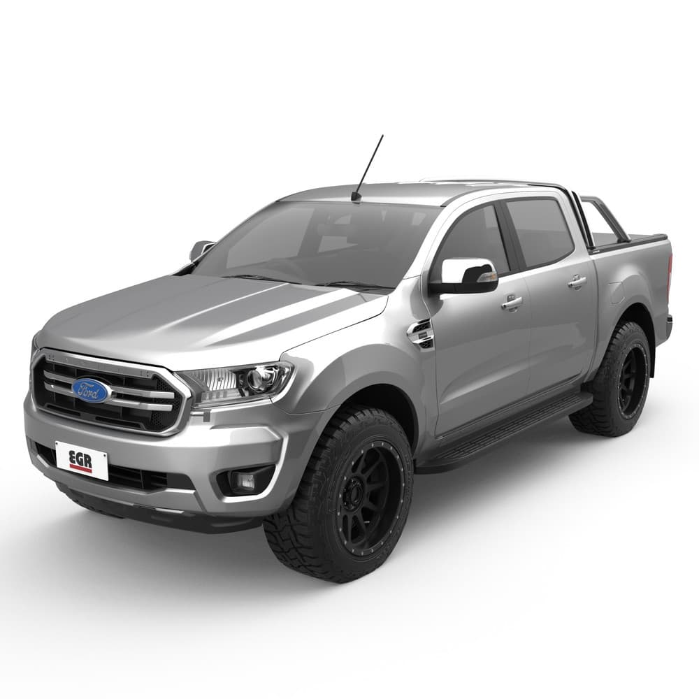 Front three-quarter view of Ford Ranger PX equipped with EGR Sports Bar Adapter Kit, featuring raised sports bar and RollTrac compatibility
