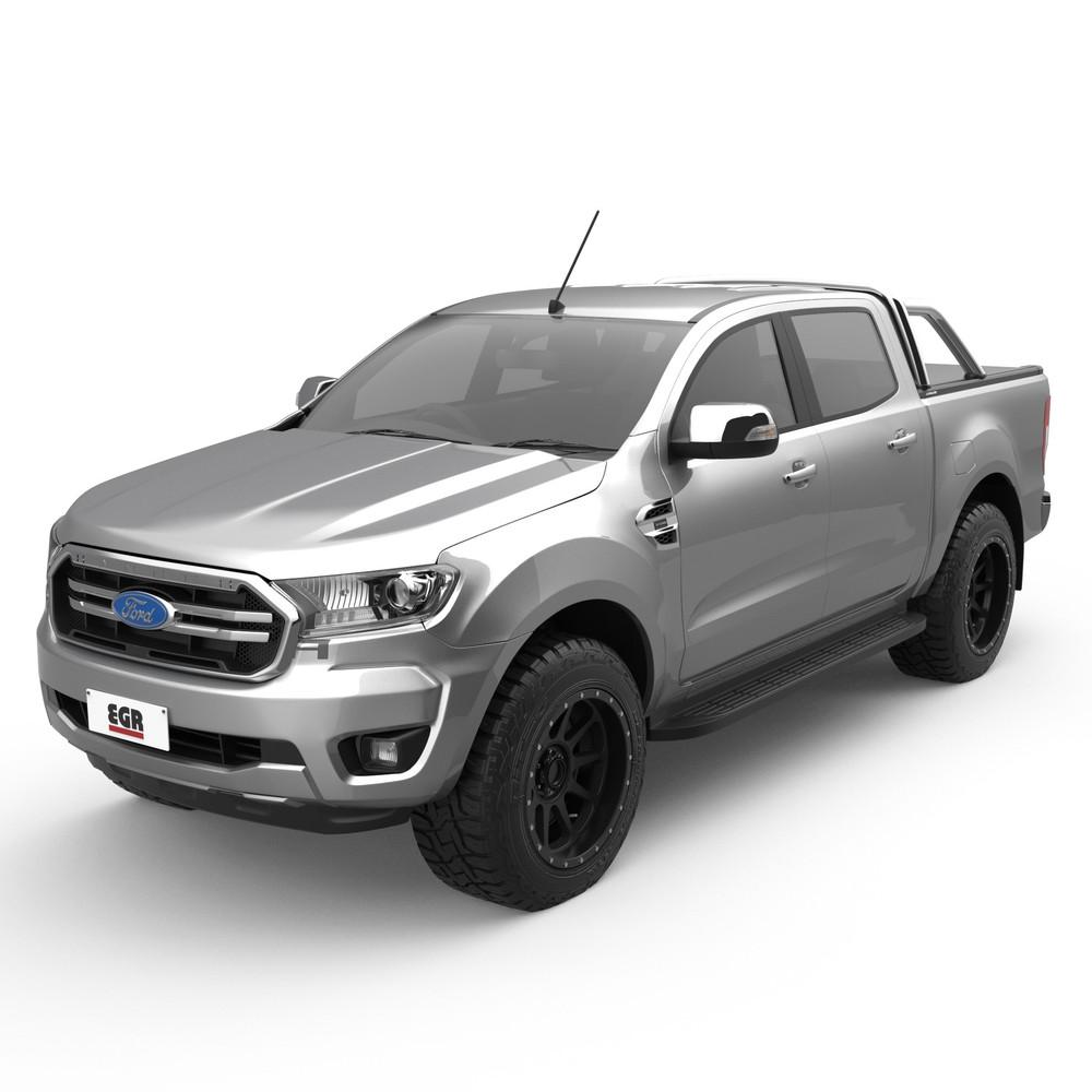 Front three-quarter view of Ford Ranger PX equipped with EGR Sports Bar Adapter Kit, featuring raised sports bar and RollTrac compatibility
