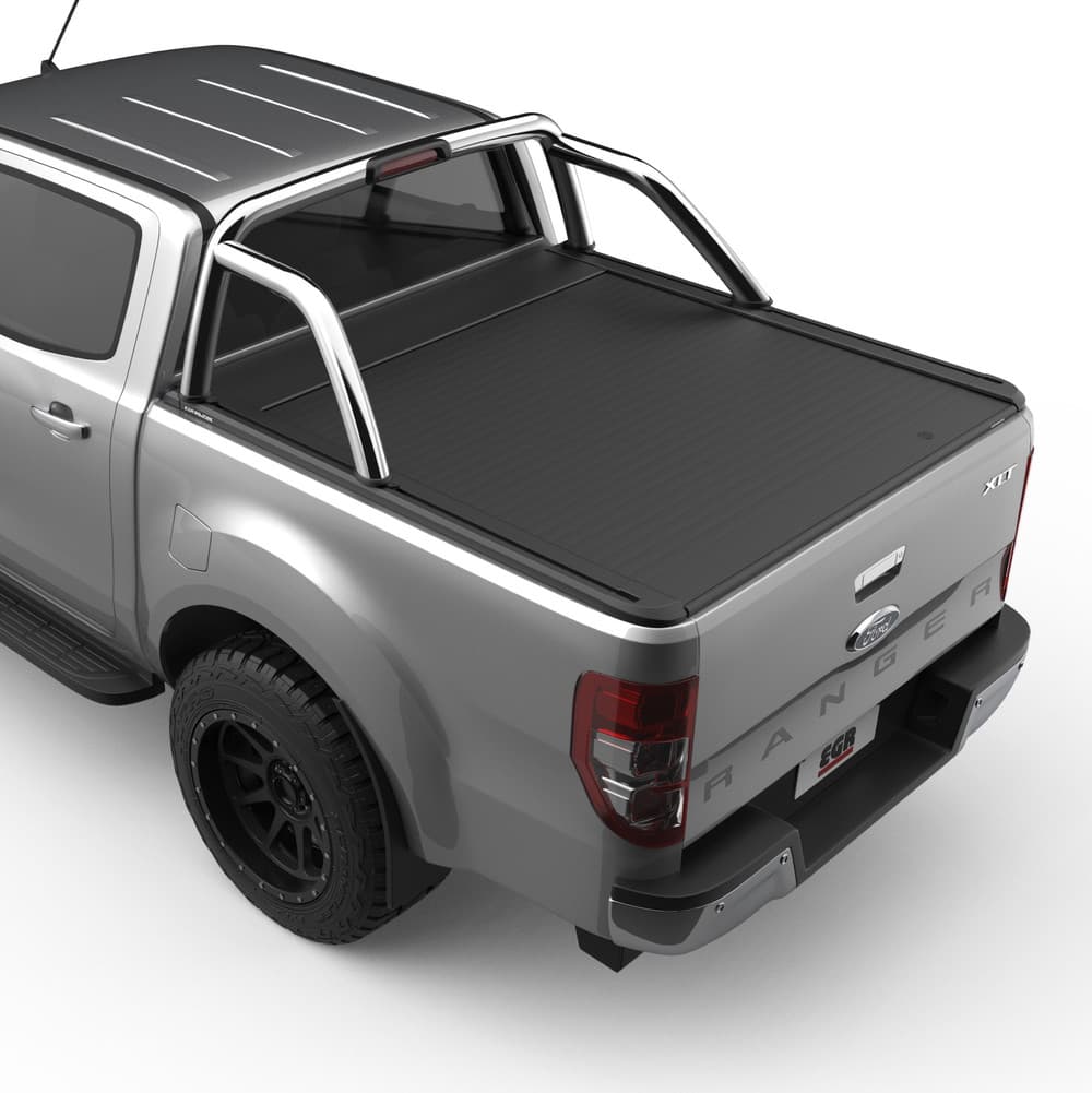 Ford Ranger PX fitted with EGR Sports Bar Adapter Kit for RollTrac, rear three-quarter view showing raised sports bar and seamless integration