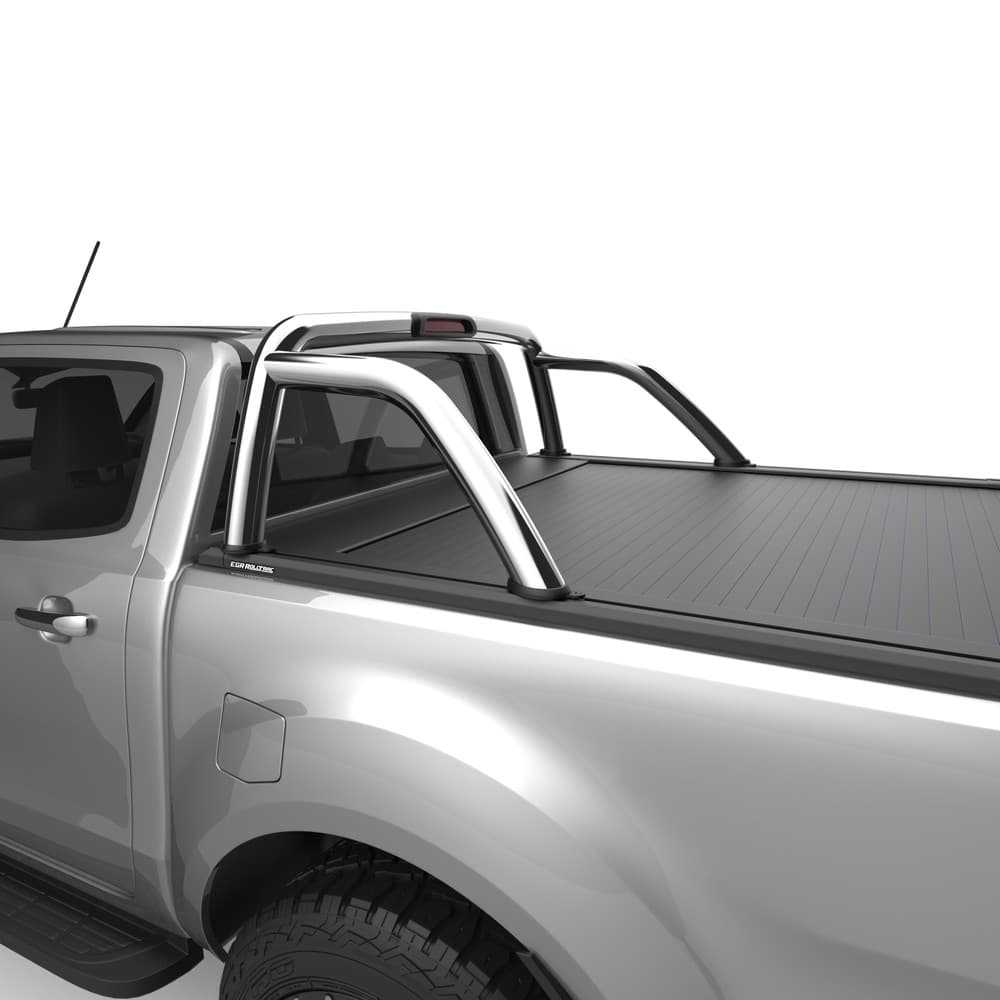 Close-up exterior angle of Ford Ranger PX sports bar mounted with EGR Adapter Kit, showing secure integration with RollTrac system
