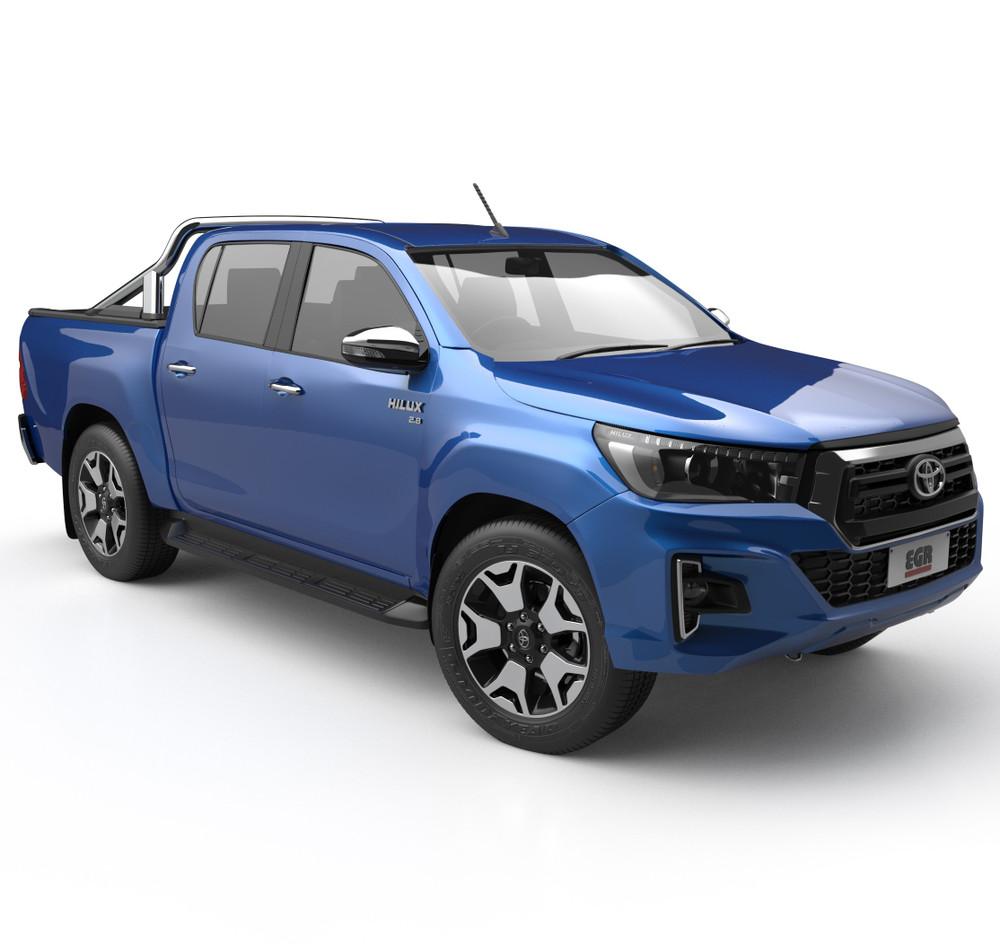 Front three-quarter view of Toyota Hilux 2015 with EGR RollTrac Sports Bar Adapter Kit, highlighting raised sports bar clearance and clean fit