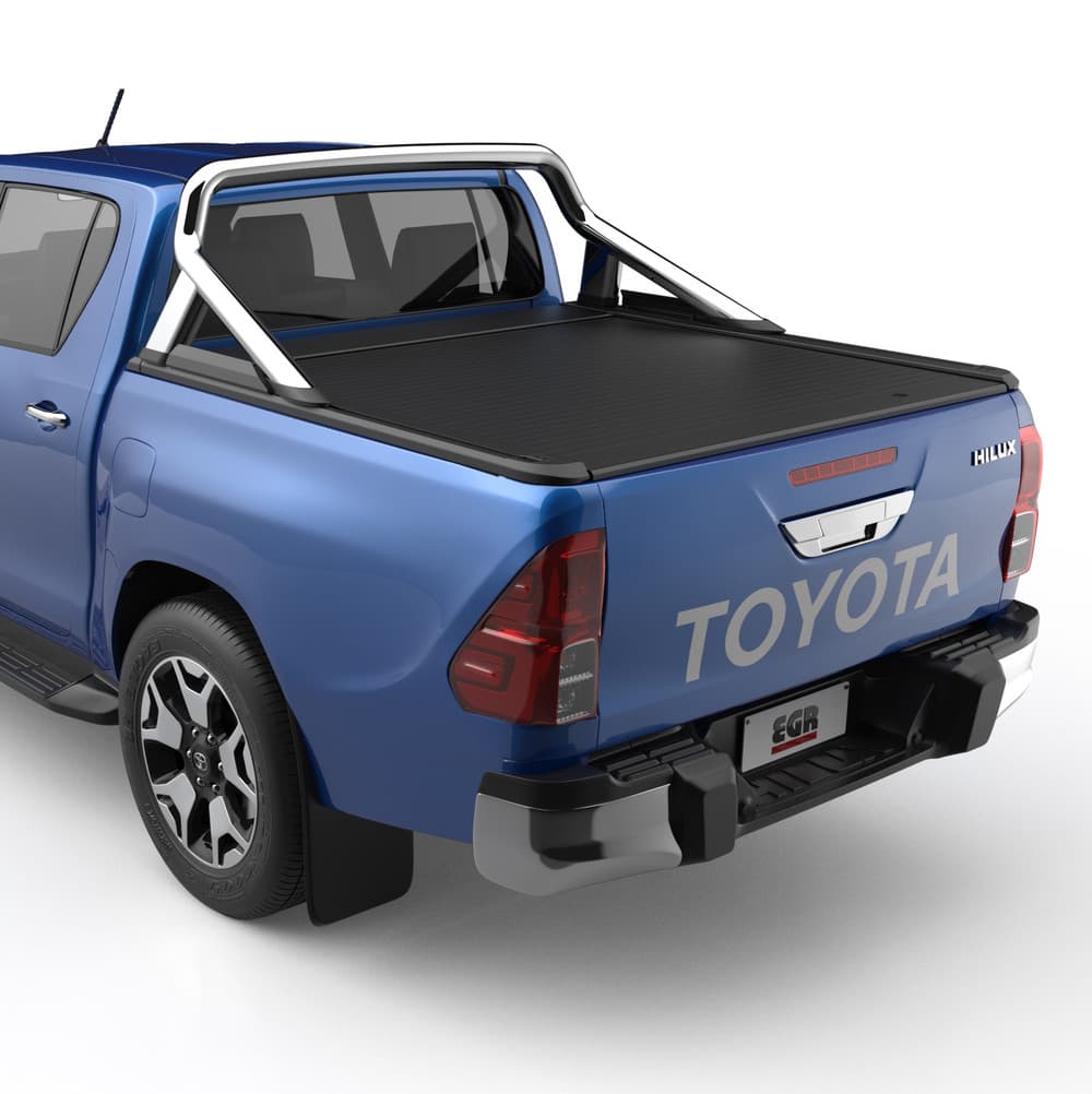 Toyota Hilux 2015 equipped with EGR RollTrac and Sports Bar Adapter Kit, rear three-quarter view showing seamless sports bar integration