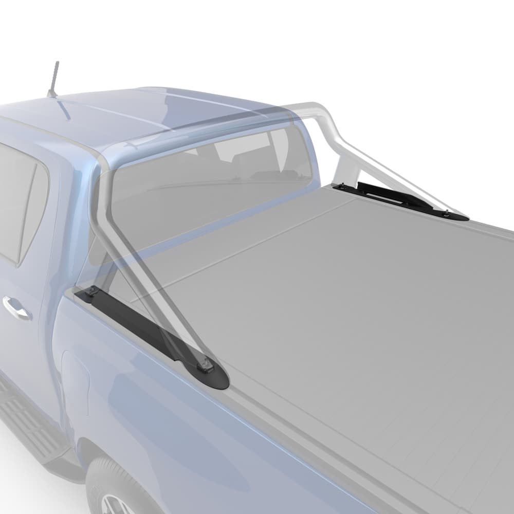 Toyota Hilux 2015 fitted with EGR RollTrac Sports Bar Adapter Kit, close-up showing raised mounting brackets and powder-coated finish