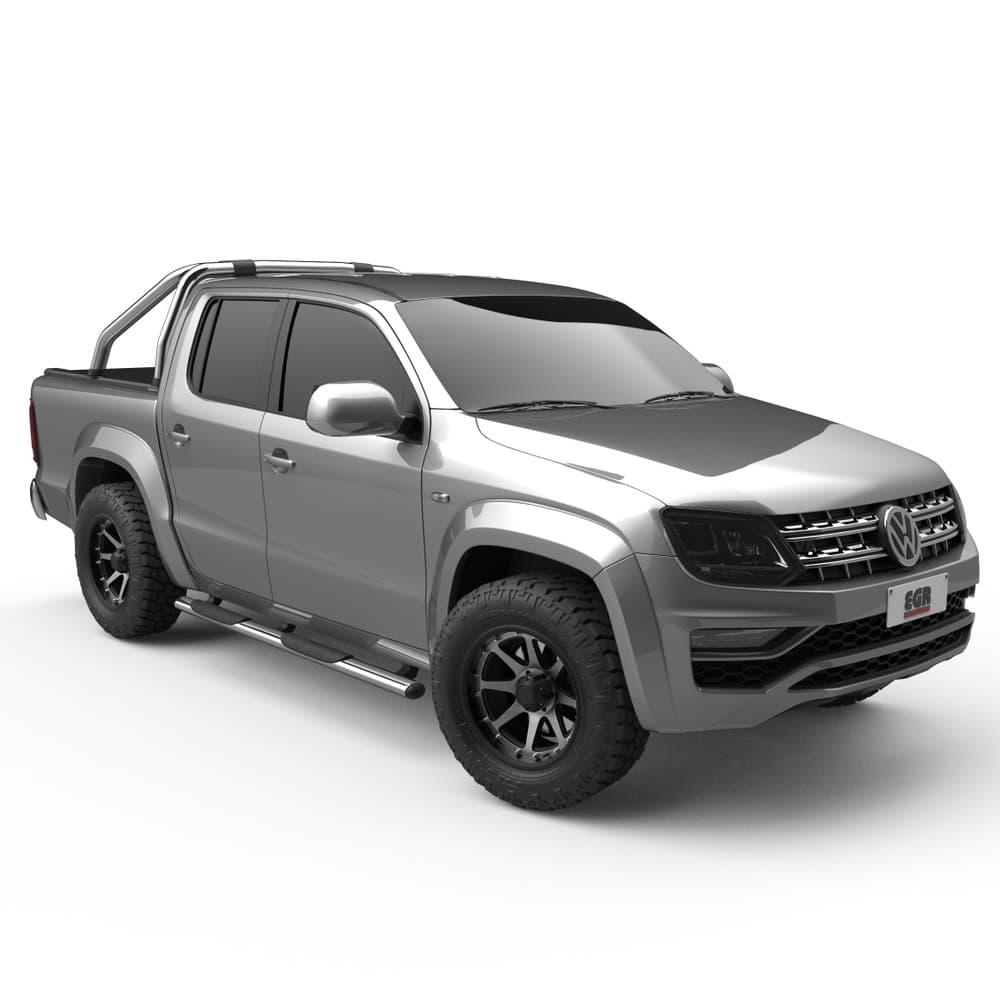 Front three-quarter view of Volkswagen Amarok featuring EGR RollTrac and Sports Bar Adapter Kit, highlighting clean integration with OEM sports bar