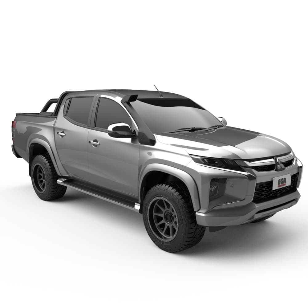 Front three-quarter view of Mitsubishi Triton MQ/MR featuring EGR RollTrac Sports Bar Adapter Kit, highlighting raised sports bar and cohesive black finish