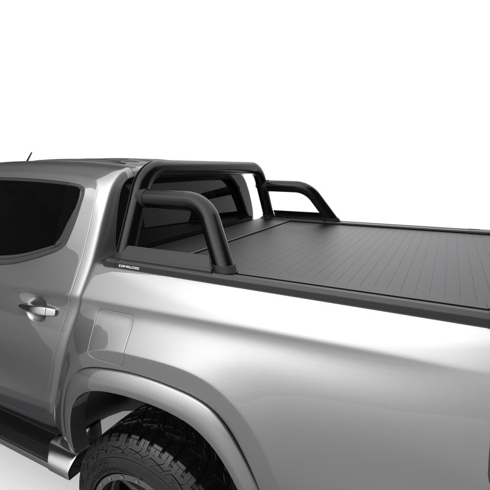 Rear three-quarter view of Mitsubishi Triton MQ/MR equipped with EGR RollTrac and Sports Bar Adapter Kit, showing seamless sports bar integration