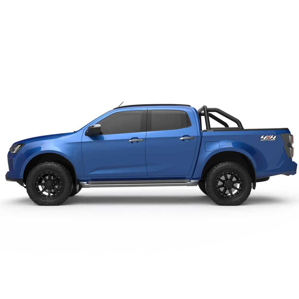 Side profile of Isuzu D-Max 2020 equipped with EGR RollTrac Sports Bar Adapter Kit, highlighting 38mm sports bar height lift and clean fitment