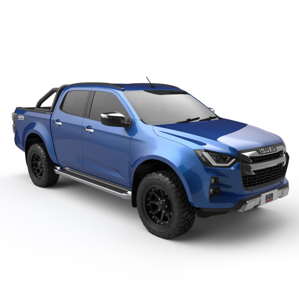 Front three-quarter view of Isuzu D-Max 2020 featuring EGR RollTrac and Sports Bar Adapter Kit, showing cohesive styling and brake-light compatible design