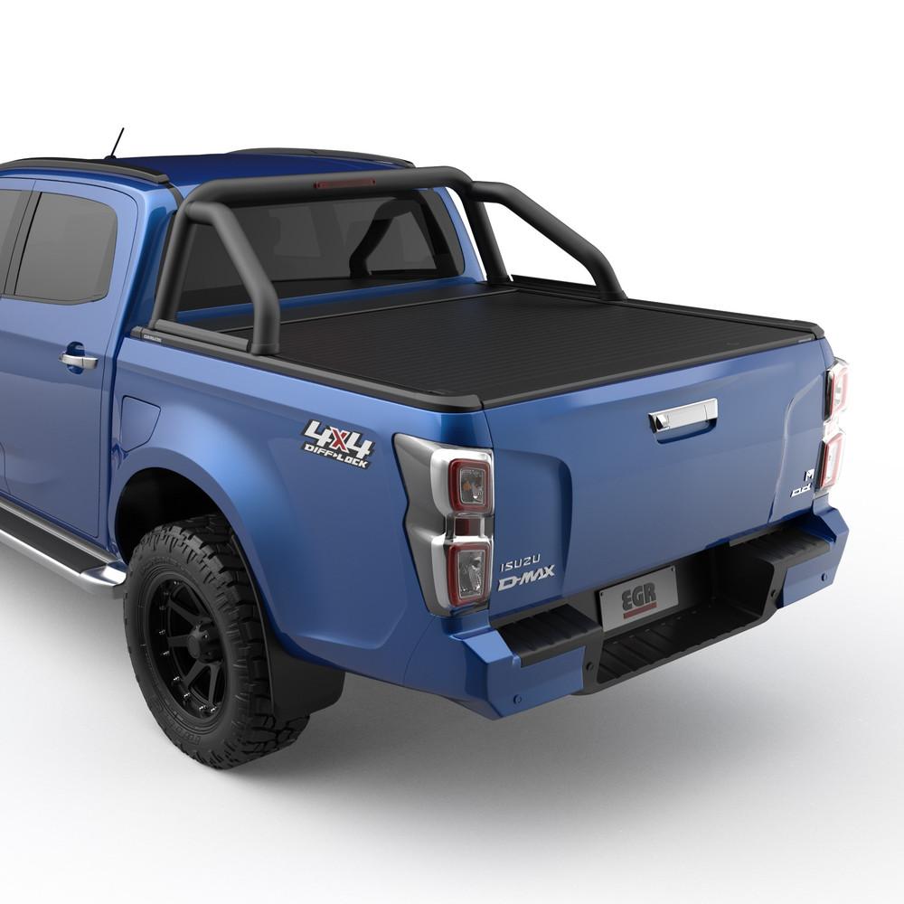 Isuzu D-Max 2020 fitted with EGR RollTrac Sports Bar Adapter Kit, rear three-quarter view showing raised sports bar and seamless RollTrac integration