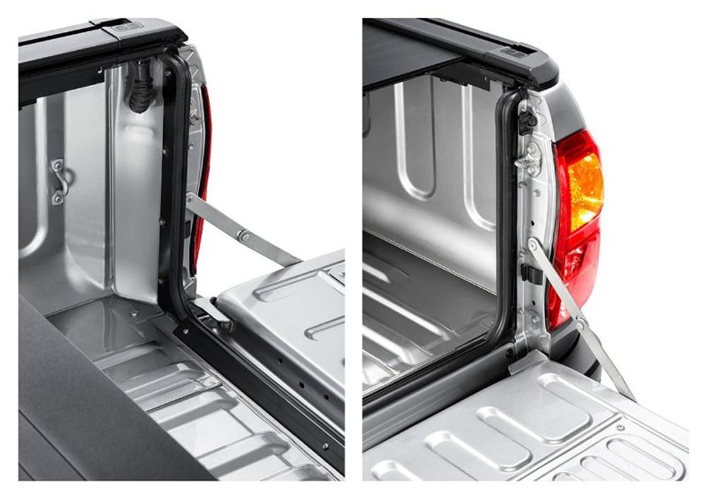 Open tailgate view of Toyota Hilux A-Deck 2015 with EGR Dust Defender, highlighting sealing strips and dust-blocking installation