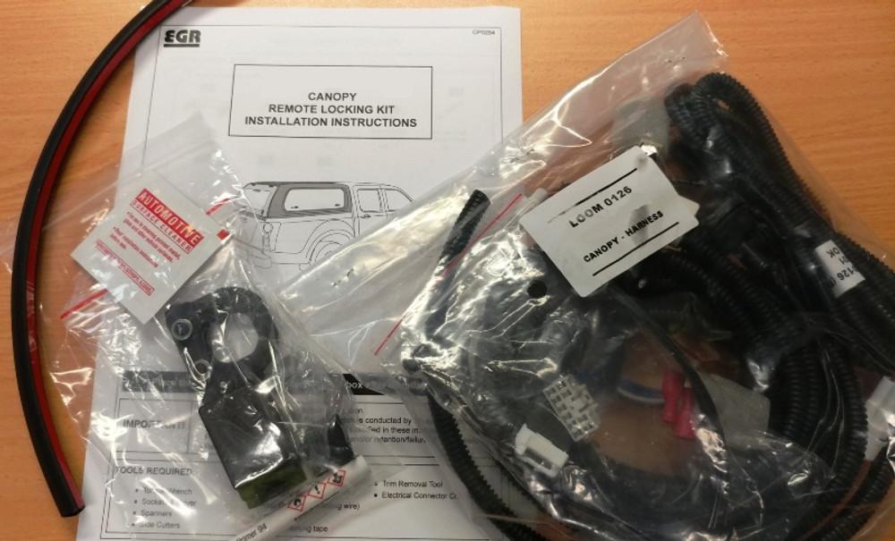 EGR Canopy Remote Locking Kit for Volkswagen Amarok, showing wiring harness and plug-and-play components for central locking integration