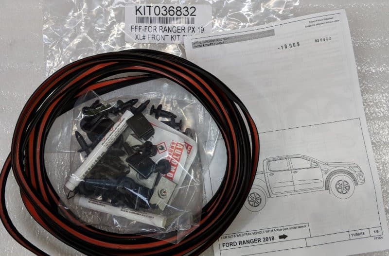 EGR Fender Flares Fitting Kit for Ford Ranger PXIII XL, showing mounting hardware, seals, and installation components for vehicle-specific flare fitment