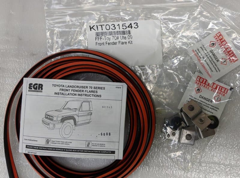 EGR Fender Flares Front Fitting Kit for Toyota LandCruiser 70 Series, showing mounting hardware, seals, and brackets for front flare installation