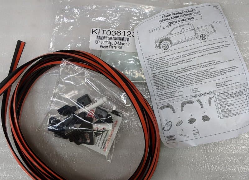 EGR Fender Flares Fitting Kit for Isuzu D-Max, showing brackets, seals, and mounting hardware for secure flare installation