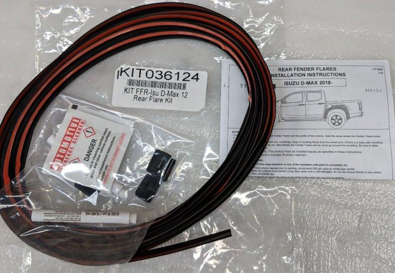 Isuzu D-Max EGR Fender Flares Fitting Kit, displaying vehicle-specific fasteners, rubber edging, and installation components