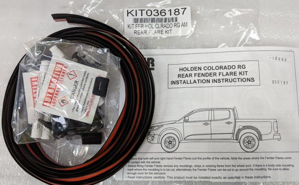 Holden Colorado RG EGR Fender Flares Fitting Kit, displaying vehicle-specific brackets and rubber sealing components for accurate flare fitment