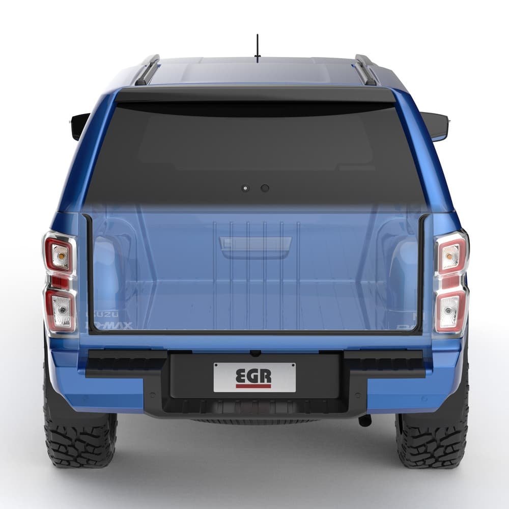 Isuzu D-Max 2020–2023 fitted with EGR Dust Defender Kit, rear view showing sealed tailgate area and protective rubber bracing