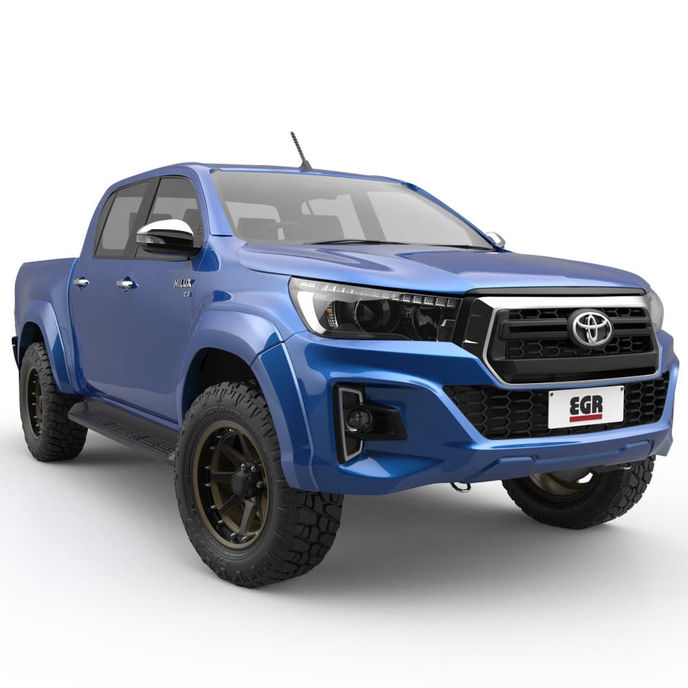 Side profile of Toyota Hilux 2020 with EGR Fender Flares installed, highlighting full wheel-arch coverage and OEM-style fit