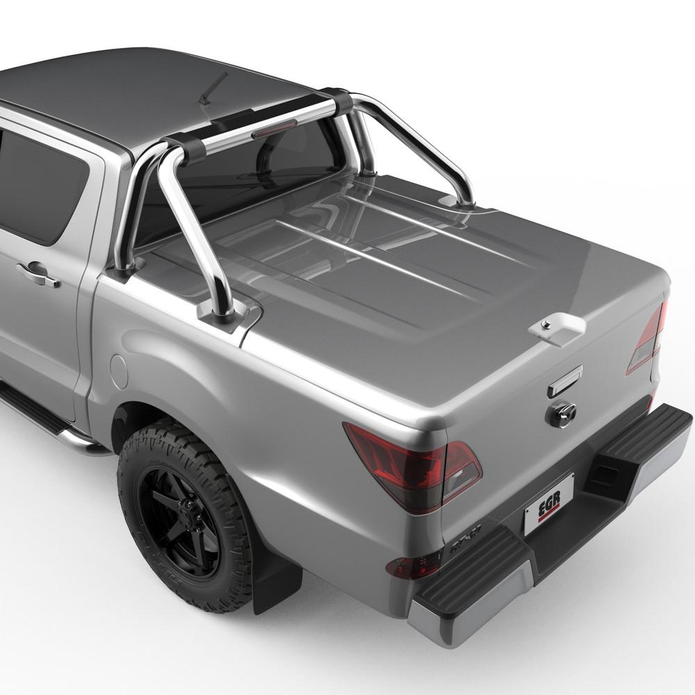 Mazda BT-50 2011–2019 fitted with EGR 3 Piece Hard Lid, rear three-quarter view showing sports bar compatibility and secure tub cover