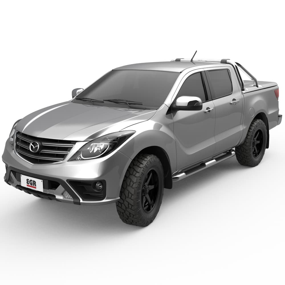 Front three-quarter view of Mazda BT-50 with EGR 3 Piece Hard Lid installed, highlighting sleek ABS construction and colour-matched finish