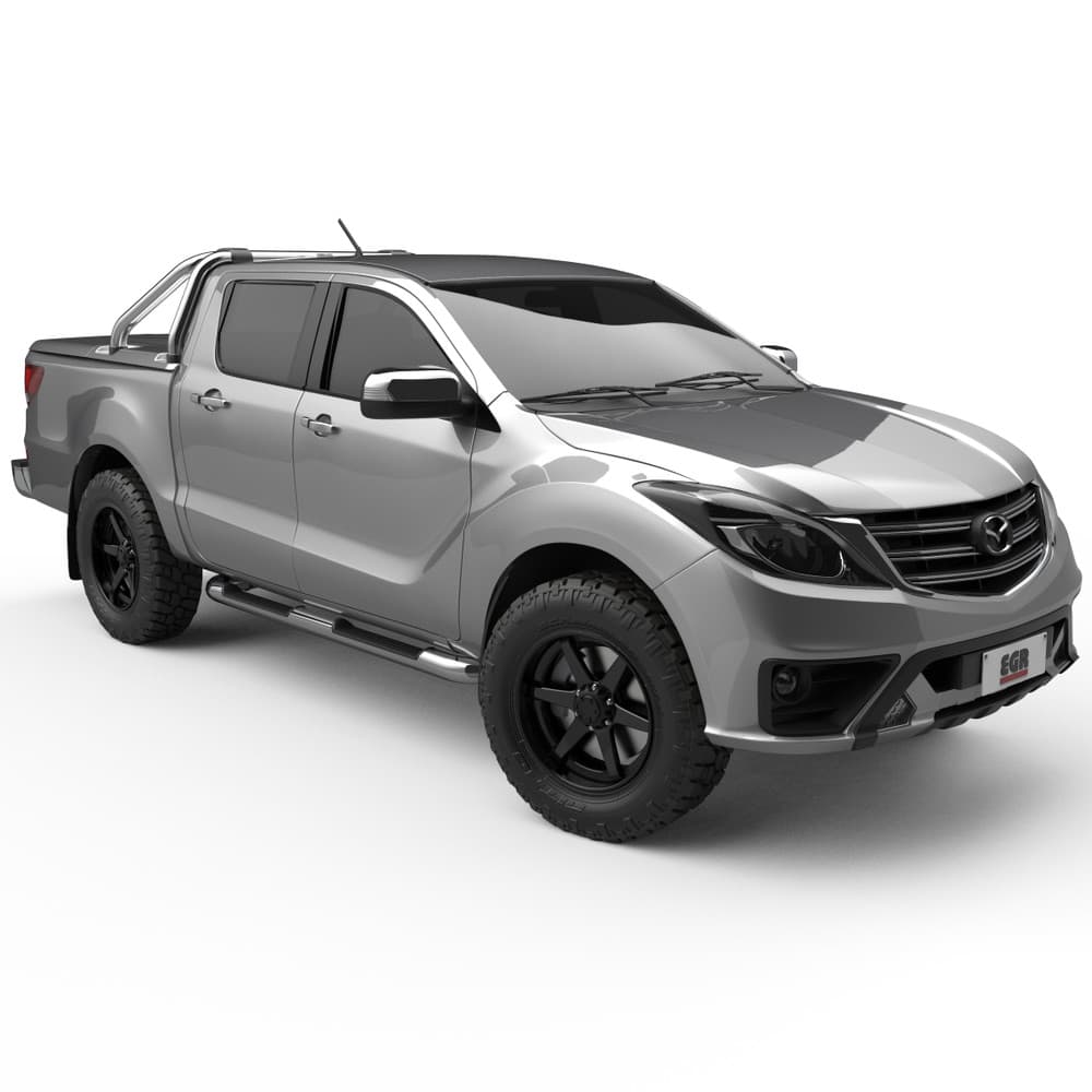 Rear three-quarter view of Mazda BT-50 3 Piece Hard Lid, displaying smooth opening design and streamlined integration with sports bar