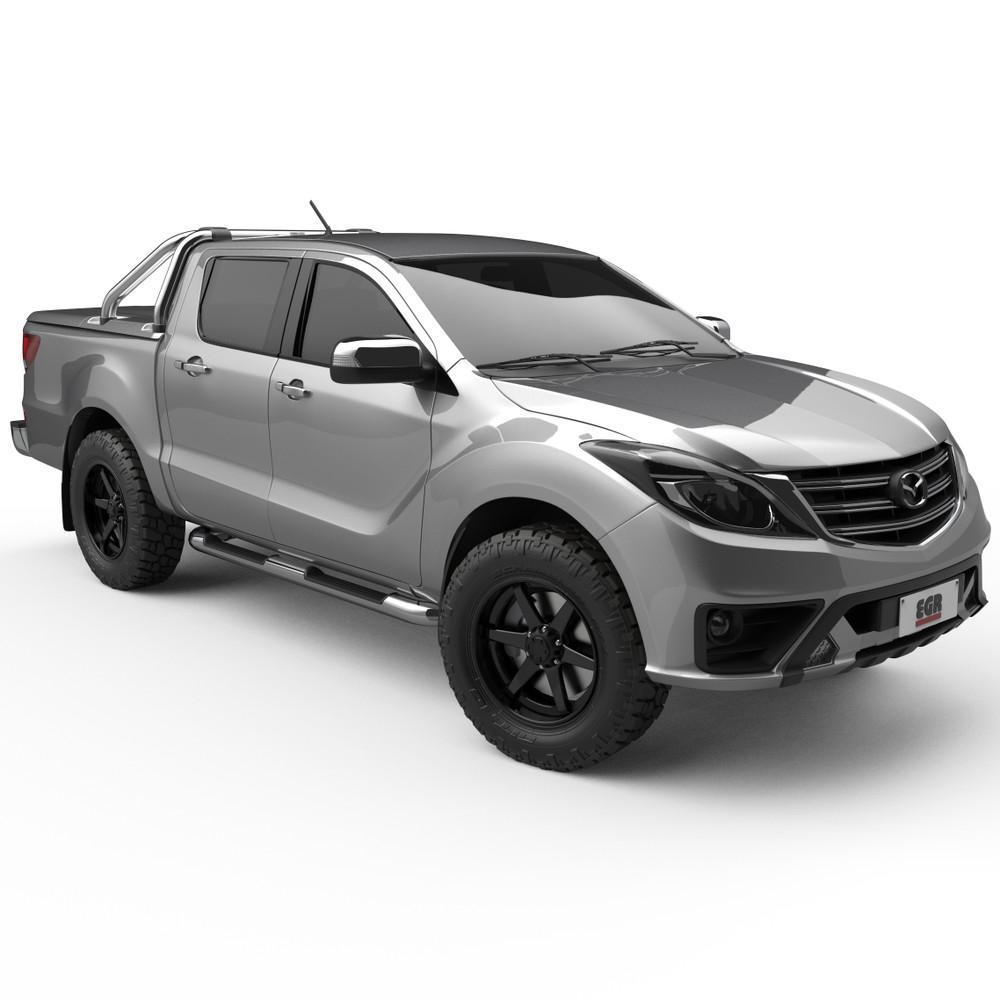 Rear three-quarter view of Mazda BT-50 3 Piece Hard Lid, displaying smooth opening design and streamlined integration with sports bar