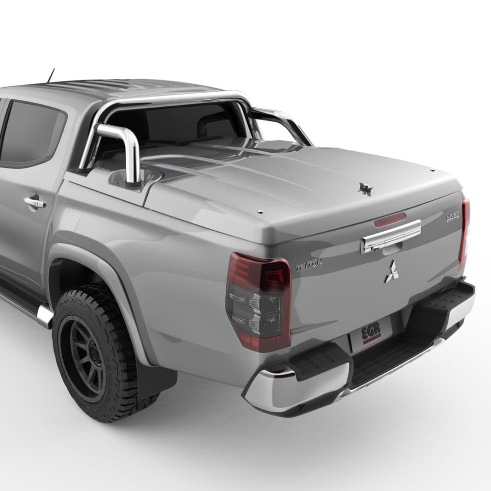 Mitsubishi Triton MQ/MR with EGR 3 Piece Hard Lid, rear three-quarter view showing sports bar compatibility and streamlined tub cover