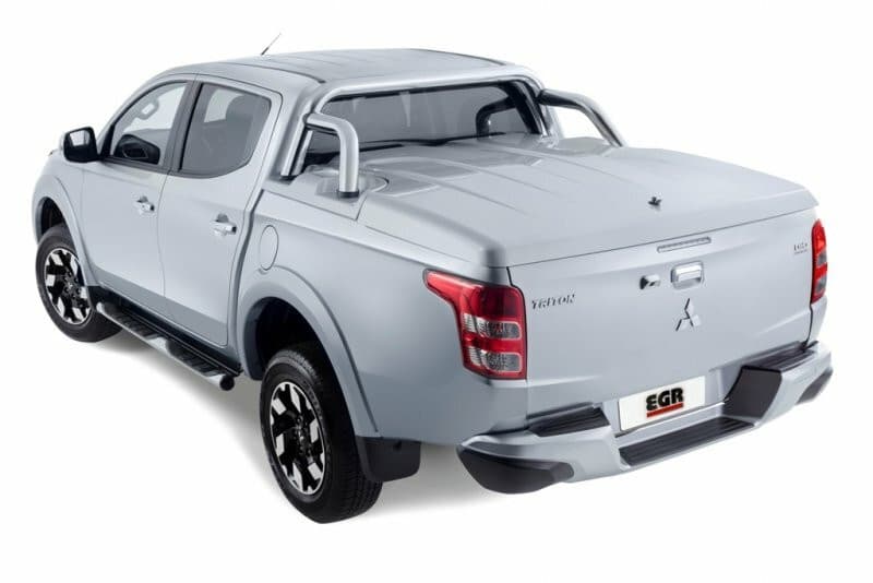 Rear three-quarter elevated view of Mitsubishi Triton MQ/MR fitted with EGR 3 Piece Hard Lid, highlighting durable twin-skin design