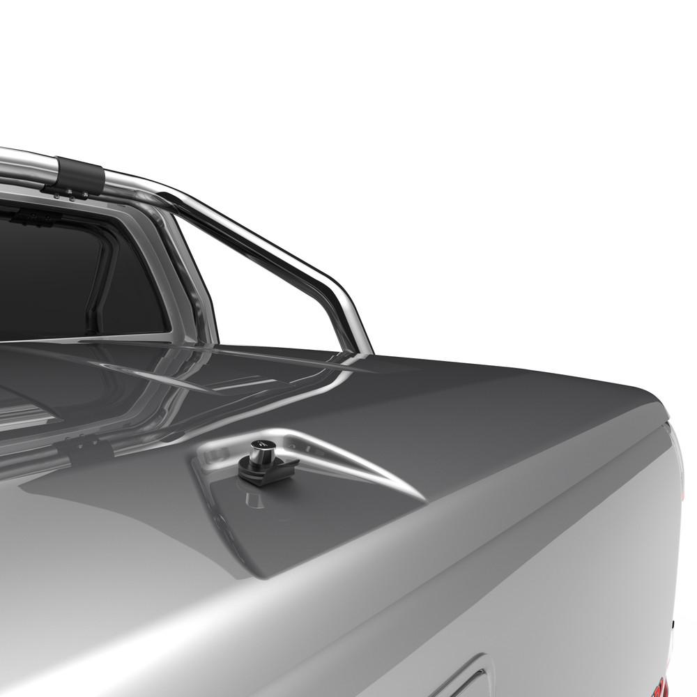 Close-up of gas strut and hinge on EGR 3 Piece Hard Lid for Volkswagen Amarok, demonstrating smooth lift mechanism