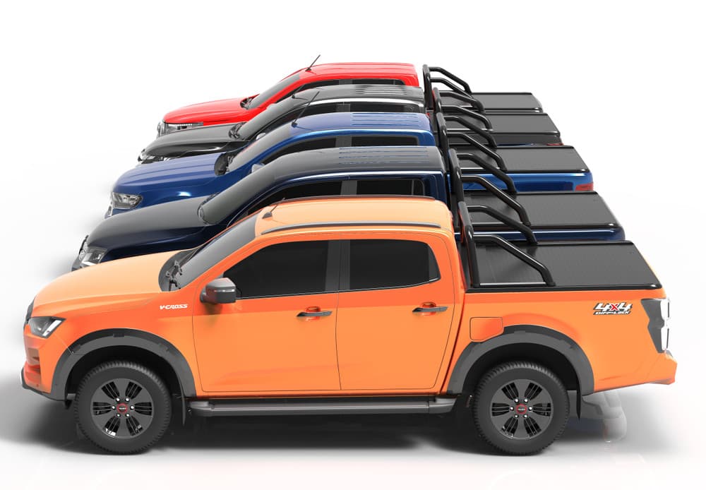 Front three-quarter view of ute equipped with EGR RollTrac Sports Bars, featuring black powder-coated finish and integrated brake light housing