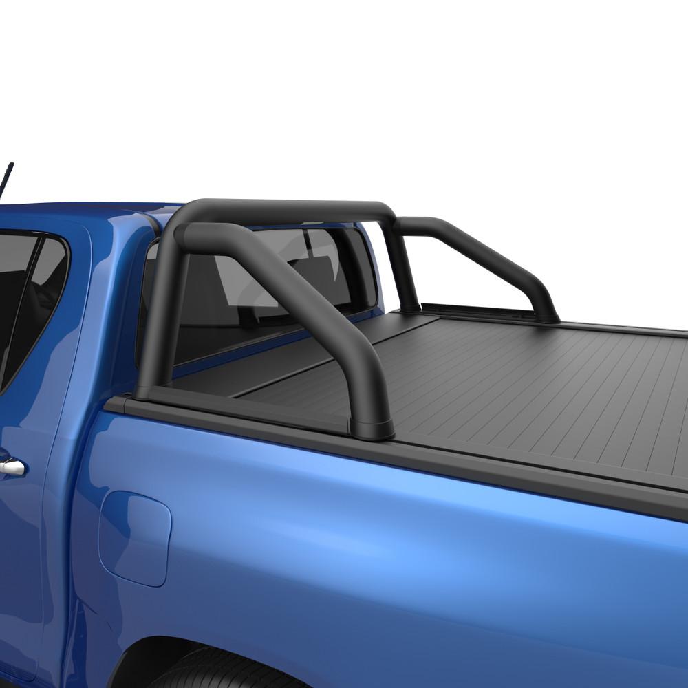 Close-up side view of Toyota Hilux 2015 with EGR RollTrac Sports Bar, highlighting seamless mounting to RollTrac side rails