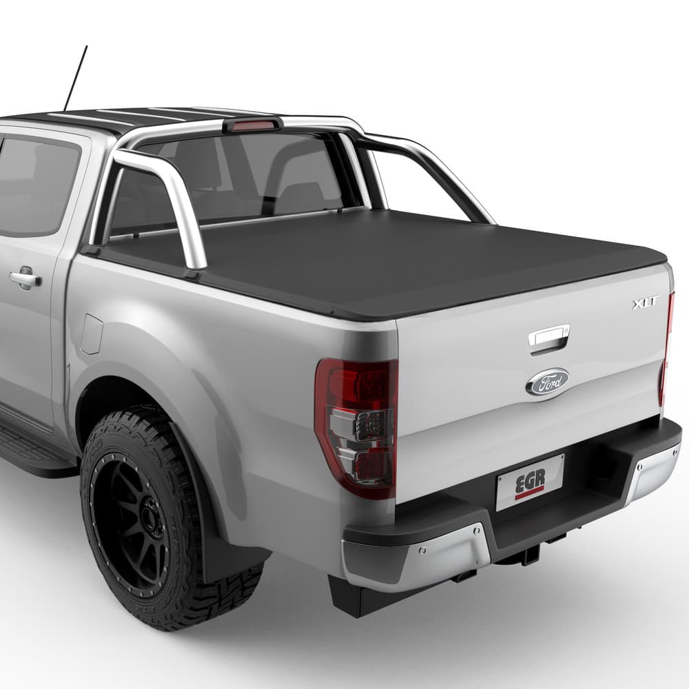 Ford Ranger PX with XLT sports bars fitted with EGR Soft Tonneau Cover, rear three-quarter view showing sleek matte-black vinyl tub cover