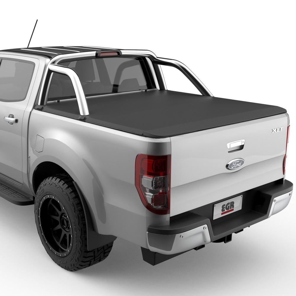 Ford Ranger PX with XLT sports bars fitted with EGR Soft Tonneau Cover, rear three-quarter view showing sleek matte-black vinyl tub cover