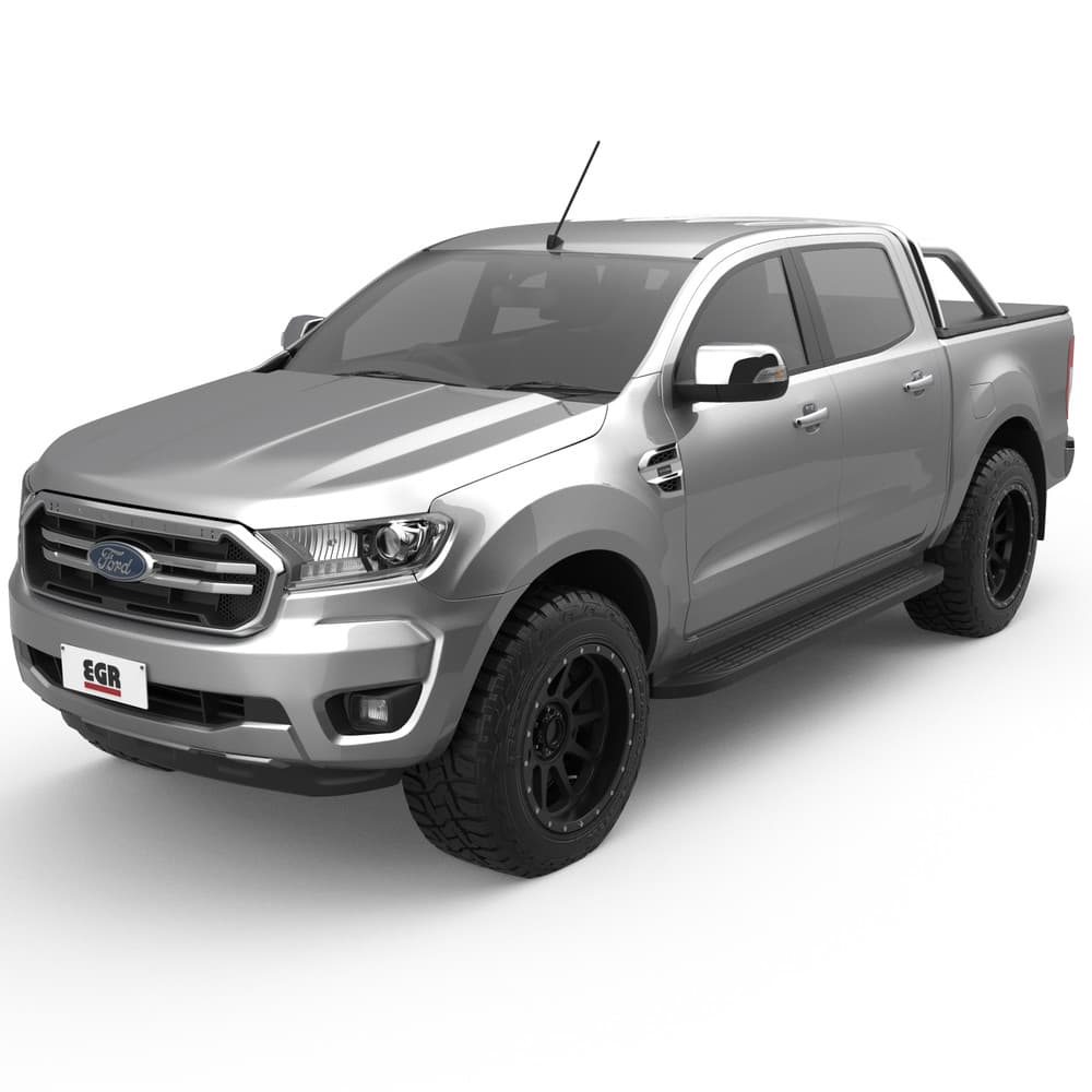 Front three-quarter view of Ford Ranger PX equipped with XLT sports bars and EGR Soft Tonneau Cover, displaying streamlined weather-protective design