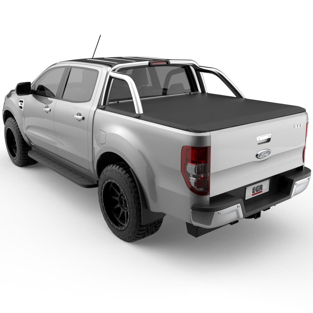 Side angle of Ford Ranger PX with XLT sports bars and EGR Soft Tonneau Cover installed, highlighting tight low-profile fit