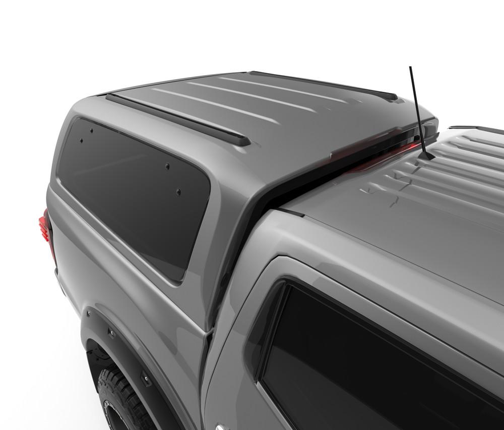 Close-up of EGR GEN3 Canopy roof rails on Nissan Navara MY21, highlighting aerodynamic shape and crossbar mounting points