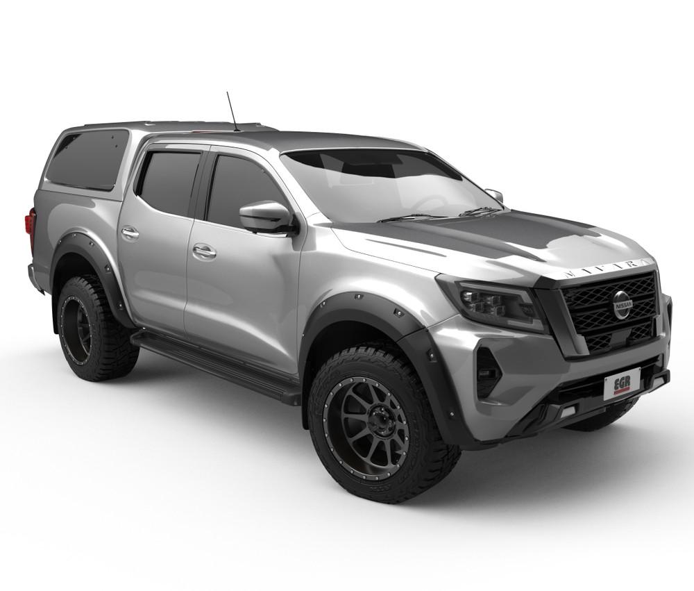 Front three-quarter view of Nissan Navara MY21 fitted with EGR GEN3 Canopy, highlighting UV-stable ABS finish and seamless bodyline match