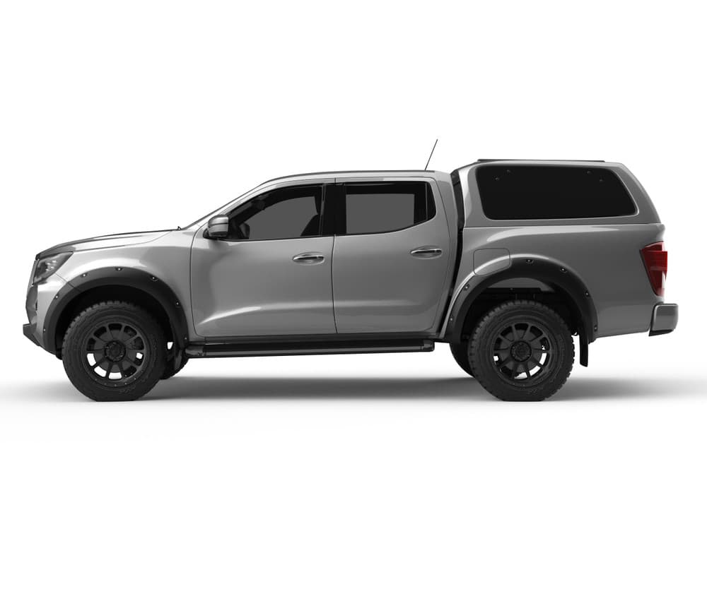 Side profile of Nissan Navara MY21 with EGR GEN3 Canopy installed, showing modern canopy design with hidden side-button access