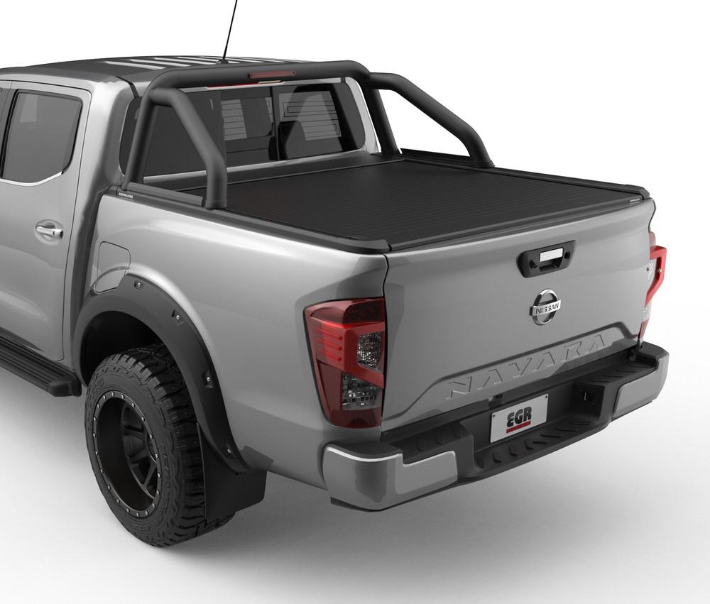 Nissan Navara MY21 fitted with EGR RollTrac Sports Bar, rear three-quarter view showing black powder-coated aluminium bar integrated with RollTrac cover