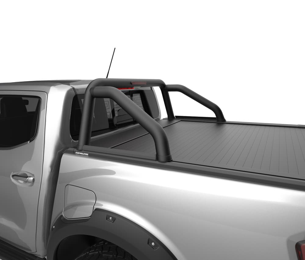 Close-up side view of Nissan Navara MY21 with EGR RollTrac Sports Bar, highlighting secure mounting to RollTrac side rails