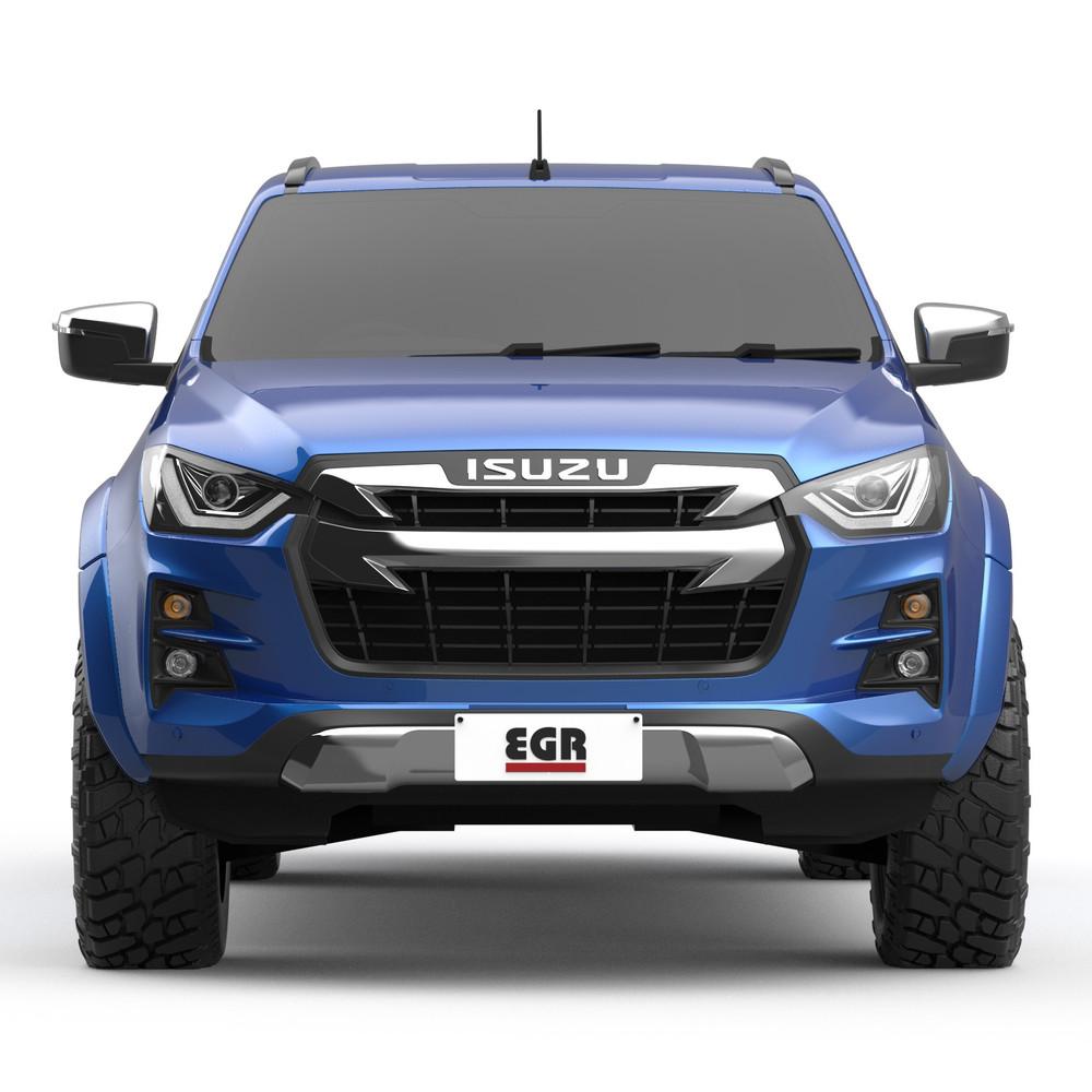 Closer front-facing angle of blue Ford Ranger, highlighting front-end styling and driving lights